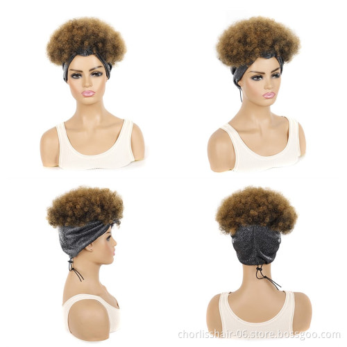 Cheap Short Ombre Puffy Kinky Curly Afro Turban Headband Wig Drawstring Heat Resistance Synthetic Headband Wigs For Black Women